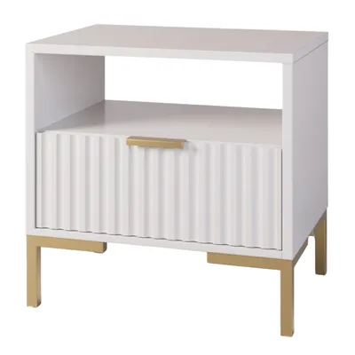 Produktbild von Nachttisch Weiß Gold 42x30x45cm mit 1 Schublade – Moderne Nachtkommode mit geriffelter Front, Glamour Stil