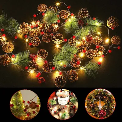 A collage of images showing Christmas decorations including pine cones, pine needles, red berries, and fairy lights, arranged in various festive displays.