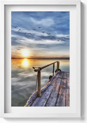 Produktbild von Sonnenuntergang am See– Wandbild mit Rahmen – Gerahmtes Bild  – Wanddekoration – 40x60 cm – Weiß