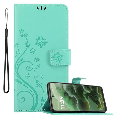 Produktbild von Cadorabo Hülle für Motorola Moto G35 Hülle in FLORAL TÜRKIS Schutzhülle im Blumen Design mit Magnetverschluss, Standfunktion und Kartenfächern Book Case Cover