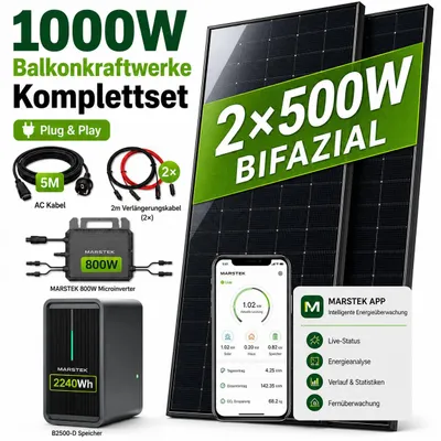 Produktbild von Balkonkraftwerk 1000W mit 2,24kWh Speicher, Marstek B2500-D, 2x500Wp bifaziale Solarmodule, 800W Mikrowechselrichter, 5m Anschlusskabel, Komplettset