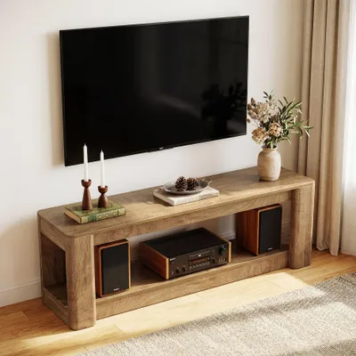 Image de Meuble TV de 160 cm, adapté aux téléviseurs jusqu'à 75 pouces, imitation bois marron, avec 2 étagères ouvertes. Support TV pour salon, chambre, style rustique, meuble multimédia