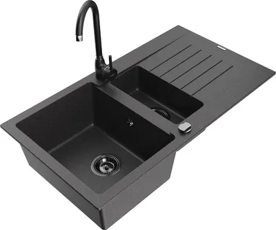 Immagine prodotto di Mexen Matias lavello in granito 1,5 vasche con scolapiatti e rubinetto da cucina Telma, nero punteggiato - 6502-76-670200-70-B