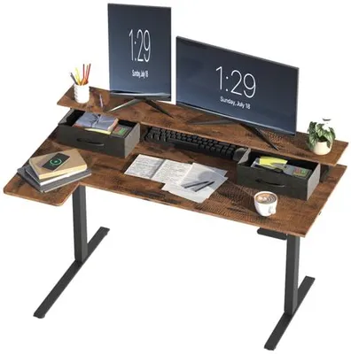 L-förmiger Schreibtisch, höhenverstellbar, 140x80 cm, braun, 2 Schubladen