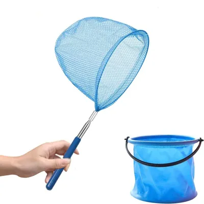 Produktbild von Schmetterlingsnetz Insektennetz Kescher - Teleskopisch 37 bis 85 cm - Edelstahl - Mit faltbarem Eimer - Für Kinder