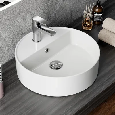 Produktbild von HOROW Aufsatz Handwaschbecken, Keramik Aufsatzwaschbecken 42 cm Rond mit mit Hahnloch und Überlauf, Waschschale Waschtisch für Modernes Bad
