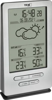 A digital weather station displaying time, date, temperature, and humidity.