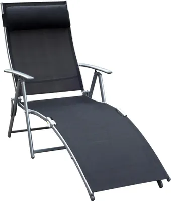 Image de Chaise longue pliante avec coussin, 137 x 63 x 100 cm, métal et tissu noir