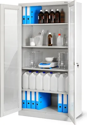 Obrázek produktu pro Plechová skříň s prosklenými dveřmi C012 Skříň na dokumenty Zdravotnická skříň Kancelářská skříň Skleněná vitrína 4 police Ocel Uzamykatelná 185 cm x 90 cm x 40 cm Barva: Šedá