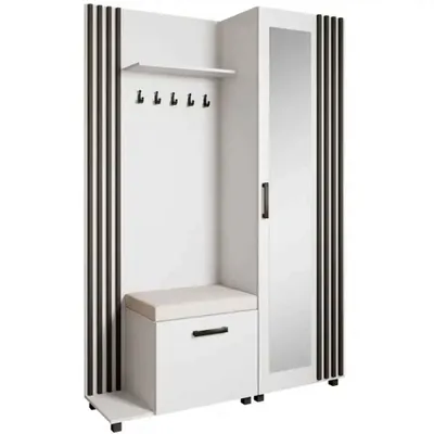 Produktbild von Garderoben-Set LIVIA Links Weiß – Garderobenschrank mit Spiegel, Aufhängern, Schuhschrank mit hellbeigem Sitzkissen, Lamellen in Schwarz, Hochschrank