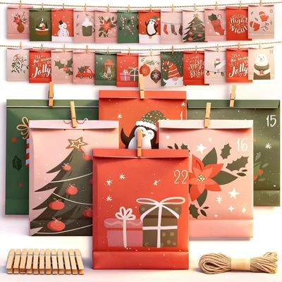 Produktbild von Adventskalender Tüten zum Befüllen 24 Stück DIY Papiertüten mit Holzklammern & Bindfaden