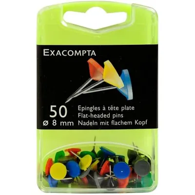 Zdjęcie produktu dla Exacompta 14872E Szpilki z płaską główką 8 mm, kolorowe, w blistrze, 50 sztuk