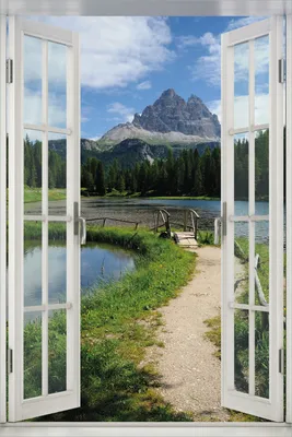 Produktbild von Wallario Poster mit Fenster-Illusion: See in Berglandschaft, Größe: 61 x 91,5 cm (Maxiposter)