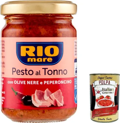 Produktbild von 12x Rio Mare Pesto al Tonno con Olive Nere e Peperoncino, Thunfischpesto kochsauce mit schwarzen Oliven und Chili 130g + Italian Gourmet polpa 400g