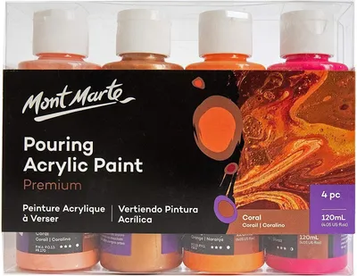 Produktbild von Mont Marte Bastelfarbe PREMIUM Pouring Acrylfarbe, Gieß-Acryl, je 4 x 120 ml, Farbe Coral, Untereinander vermischbar & bereits mit Medium vorgemischt
