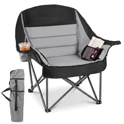 Produktbild von COSTWAY Campingstuhl faltbar XXL 225kg belastbar, Klappstuhl gepolstert, übergroßer Angelstuhl mit Getränkehalter & Netztaschen Faltstuhl Schwarz+Grau