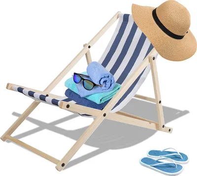 Image de Wolketon Chaise longue pliante en bois Chaise de camping Chaise longue de plage amovible pour le jardin, la terrasse et le balcon 120 kg maxi (bleu-blanc-rayé)