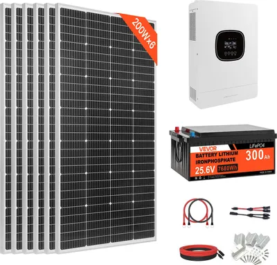 Obrázek produktu pro Kompletní solární systém VEVOR 1200W, autonomní solární systém, včetně 6 kusů monokrystalických solárních panelů o výkonu 200W, 25,6V, 300Ah, LiFePO4 baterie a střídače 24V, 3000W. Fotovoltaický systém pro skleník nebo domácnost