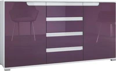 Produktbild von Vladon Sideboard Sylt V1, Kommode mit 2 Türen und 4 Schubladen, Korpus - Weiß matt / Front - Brombeer Hochglanz / Absetzung - Weiß Hochglanz (138,5 x 75,5 x 35 cm)