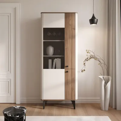Image de Vitrine haute modèle BELLAGIO, avec étagères intérieures, en bois de cachemire et de noyer, design moderne et offrant un grand espace de rangement