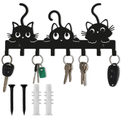 Produktbild von Moderner Schlüsselhalter aus Metall mit Katzenmotiv, Hakenleiste, Flurdekoration, Wohnaccessoire, inklusive Montagematerial.