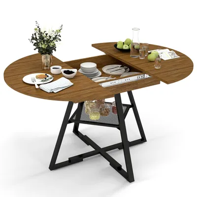 Obrázek produktu pro Rozkládací jídelní stůl Puluomis s úložným prostorem, rozměry 100-130 cm, vhodný pro 2-6 osob, s úložnými přihrádkami a otevřenými policemi, nosnost 120 kg, ideální do obývacího pokoje nebo jídelny