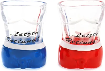 Produktbild von 2er Set Schnapsglas mit Badeshorts/Männer-Oberkörper letzte Rettung H: 6,5cm Füllmenge: 2cl/20ml