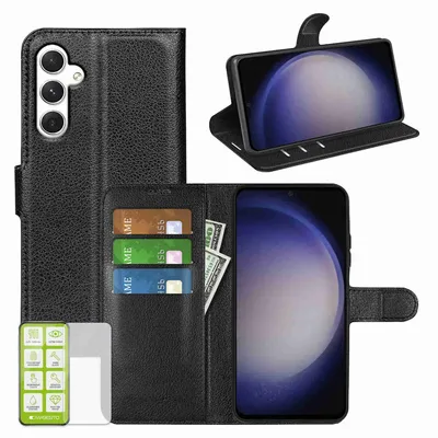 Obrázek produktu pro Pouzdro na mobilní telefon Samsung Galaxy A35 z černé syntetické kůže + tvrzené sklo H9