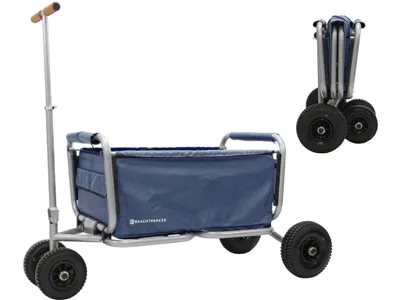 A blue foldable beach wagon with four wheels and a handle is shown from the side. A smaller, folded version of the wagon is shown in the upper right corner.
