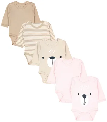 Produktbild von TupTam Langarmbody 5er Set - 100% Baumwolle,  , Farbe: Tiergesichter Beige Rosa Punkte Streifen, Größe: 74