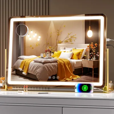 LED-Make-up-Spiegel 76x53 cm, 10-fach Vergrößerung, 3 Lichtfarben, Gold