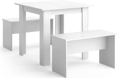 A white dining table and two white benches are shown against a white background.