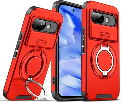 Image de Étui double couche pour Goolge Pixel 9A, avec couvercle coulissant pour l'appareil photo et support magnétique en forme d'anneau Rouge