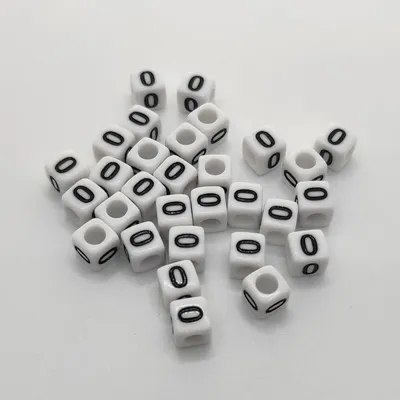 Produktbild von Buchstaben Perlen, 30 Stück, 6x6 mm, weiß mit schwarz, eckig, Zahl 0