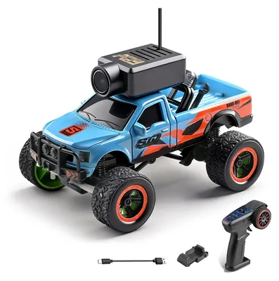 Zdjęcie produktu dla Mini samochód RC w skali 1:64, terenowy pojazd z napędem na cztery koła i sterowaniem FPV 2,4 GHz, wyposażony w kamerę HD, żyroskop, światła LED oraz sterowanie przez aplikację – model w kolorze niebieskim