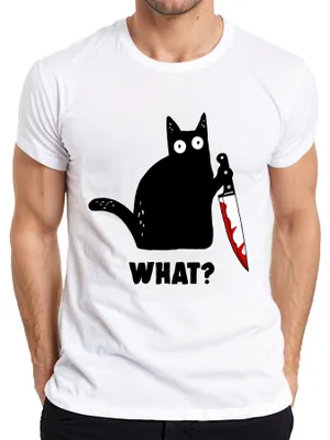 Produktbild von What? Katze Horror Halloween Blutiges Messer Slasher Herren T-Shirt, Weiß, XXL