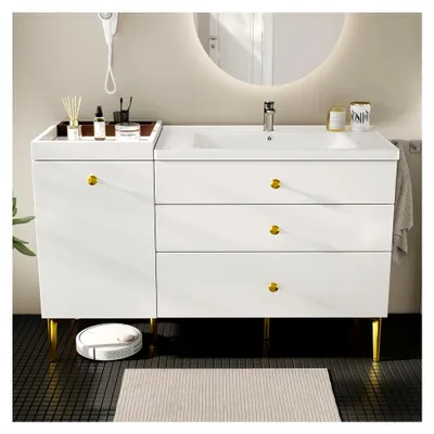Produktbild von Waschbeckenunterschrank mit Waschbecken, weißer Vanity-Schrank mit Schubladen