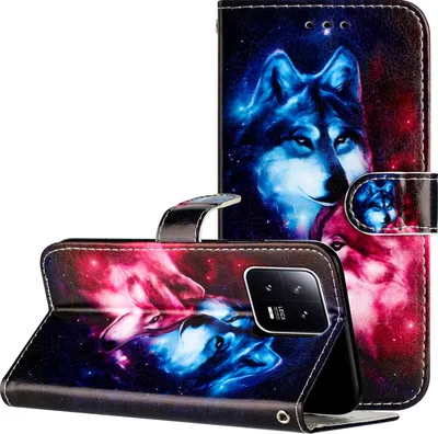 Produktbild von CLM-Tech Hülle kompatibel mit Xiaomi 13 Pro - Tasche aus Kunstleder - Klapphülle mit Ständer und Kartenfächern, Wolf Pärchen