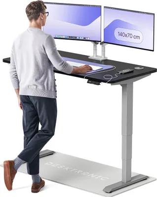 Zdjęcie produktu dla Desktronic HomePro biurko z elektryczną regulacją wysokości 140x70cm szare/czarne z funkcją pamięci, technologią antykolizyjną, portami ładowania USB-A i USB-C