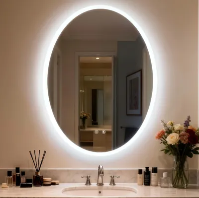 Zdjęcie produktu dla Lustro do łazienki LED, owalne, 70x90 cm, z możliwością regulacji jasności, dotykowe, z funkcją zapobiegającą parowaniu, 3 barwy światła