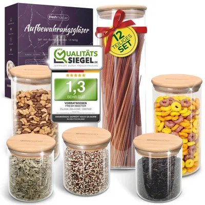 Produktbild von freshmaster Vorrats-Set Aufbewahrung I 6 Vorratsdosen Glas mit LongLife+ Dichtung und bruchsicherem Borosilikat Glas I Glasbehälter mit Deckel