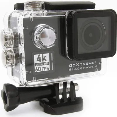A black and clear action camera with a mounting bracket is shown against a white background.