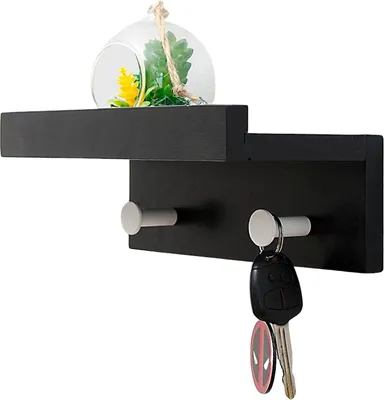 Produktbild von Eingangsbereich Organizer Wandregal Regal, Holzmantel Haken Regal Regal mit 2 Doppelhaken für Flur Wohnzimmer Schlafzimmer, schwarz
