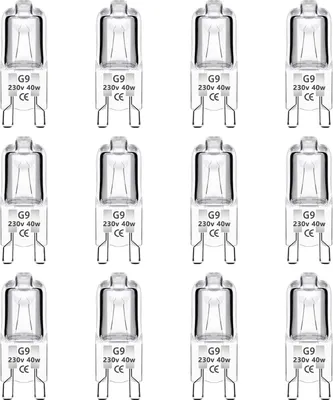 Obrázek produktu pro Balení 12 halogenových žárovek G9 40 W 230 V stmívatelné, teplá bílá, bez blikání, pro trouby, závěsná svítidla, zahradní osvětlení a osvětlení skříněk.