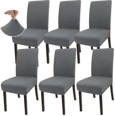 Image de Housses stretch Unyqoos® (lot de 6) – gris clair, housses élastiques pour chaises (Élasthanne/polyester), idéales pour les salles à manger et les événements, adaptées aux dossiers de 50 à 60 cm et aux assises de 36 à 50 cm