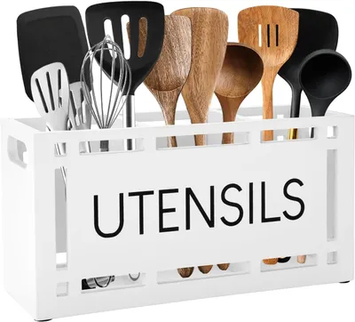 Image de Support pour ustensiles de cuisine, 3 compartiments, pour plan de travail, organisateur de cuisine en bois, blanc