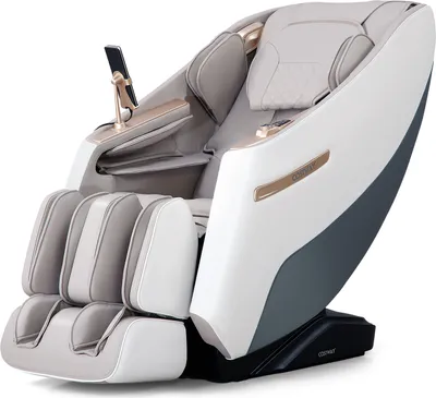 A white and gray massage chair with gold accents is shown against a white background.