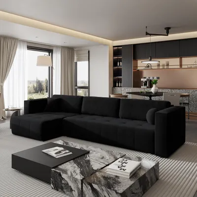 Produktbild von Masseno Ecksofa OLVERA mit Schlaffunktion L-Form, Sofa mit Bettkasten, Wohnzimmersofa, Couch, Soffa, Bettsofa, Couchgarnitur- Schwarz, KRONOS 07