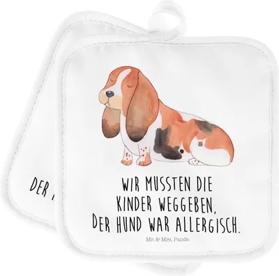 Produktbild von Mr. & Mrs. Panda Topflappen Hund Basset Hound - Weiß - Geschenk, Lustig, Topflappenset, Süß, Set, Sprüche, Topfuntersetzer, Ofenlappen, topfhalter