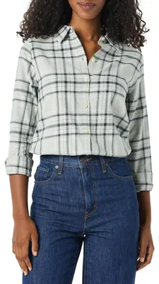Produktbild von Amazon Essentials Damen-Flanellhemd, Klassische Passform, langärmelig, leicht, kariert, Schwarz/Grau kariert, X-Large